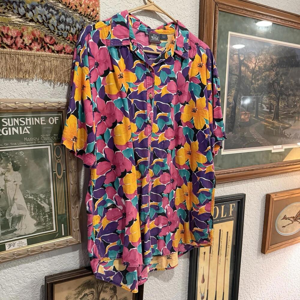 Vintage 80s RARE Woolrich Unisex Floral Button-Up Hawaiian‎ Shirt Size XL - Picture 2 of 6